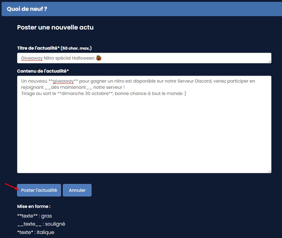 Image montrant le formulaire à remplir pour publier un article sur le site.