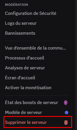 Image montrant le bouton de suppression du serveur