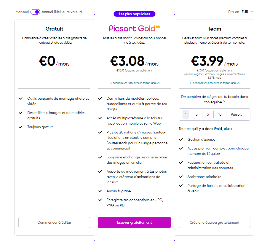 L'abonnement Picsart Gold