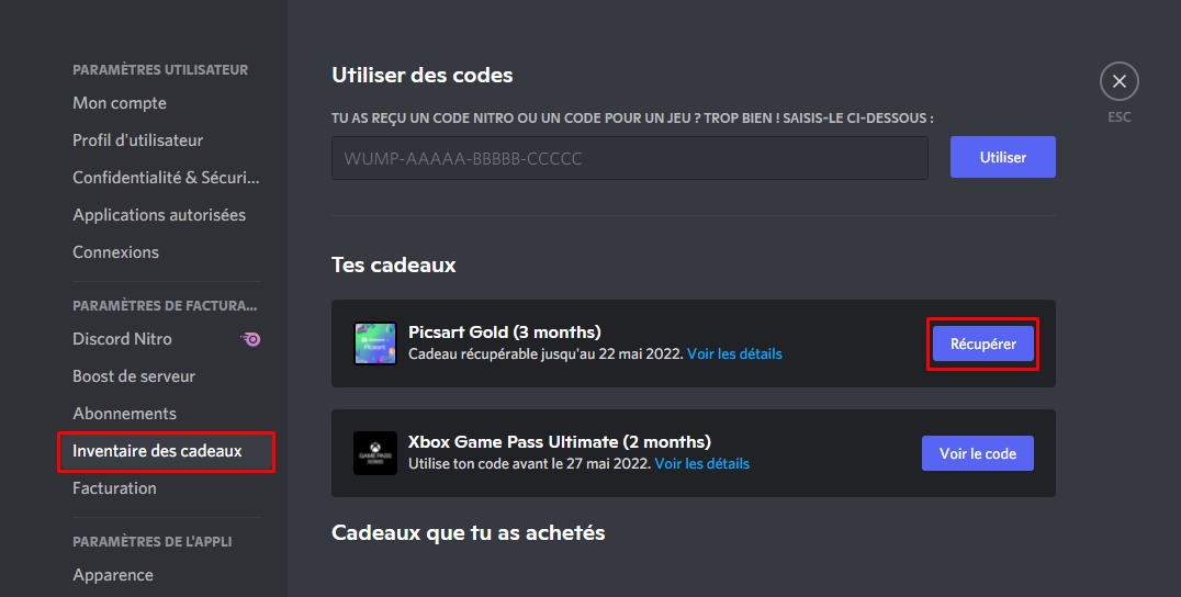 Récupérer le cadeau dans son inventaire Discord