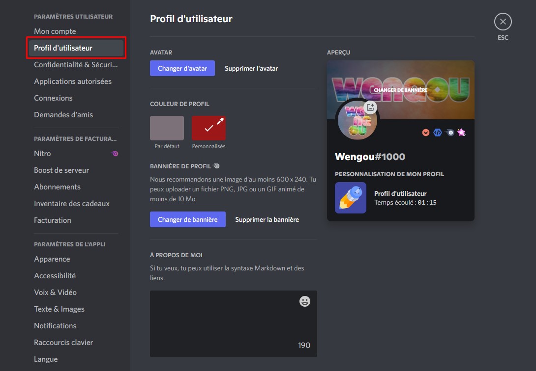 Paramètres pour personnaliser son profil