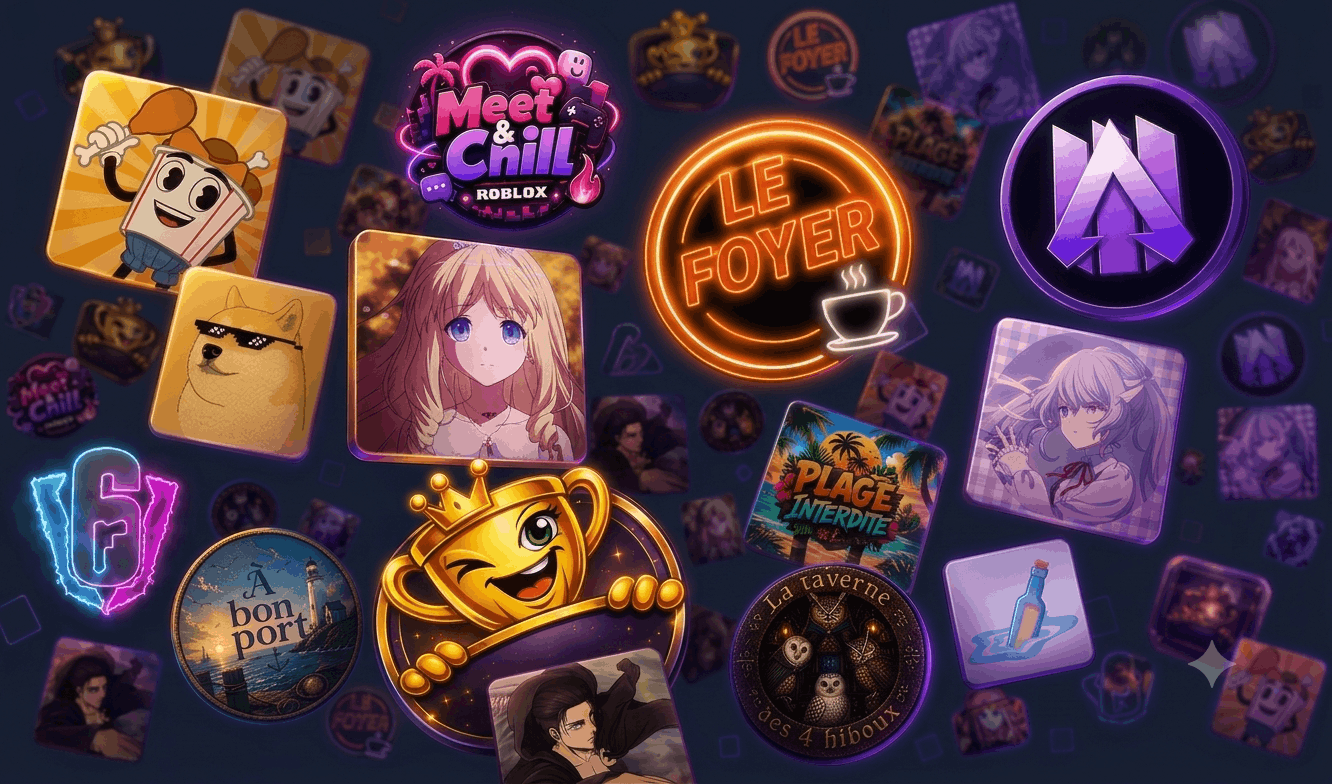 Mosaïque d'icônes de serveurs Discord référencés sur DiscordL